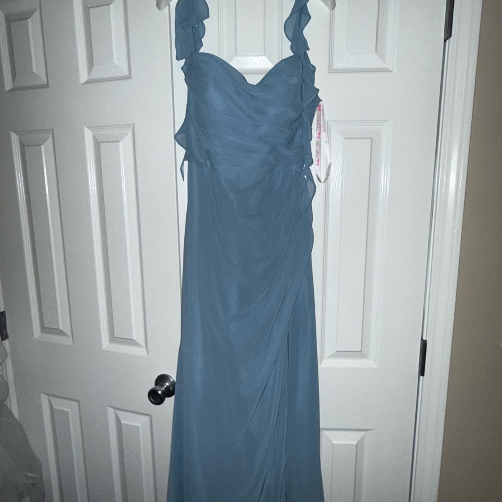 Azazie Steel Blue Ruffled Strap Maxi Dress